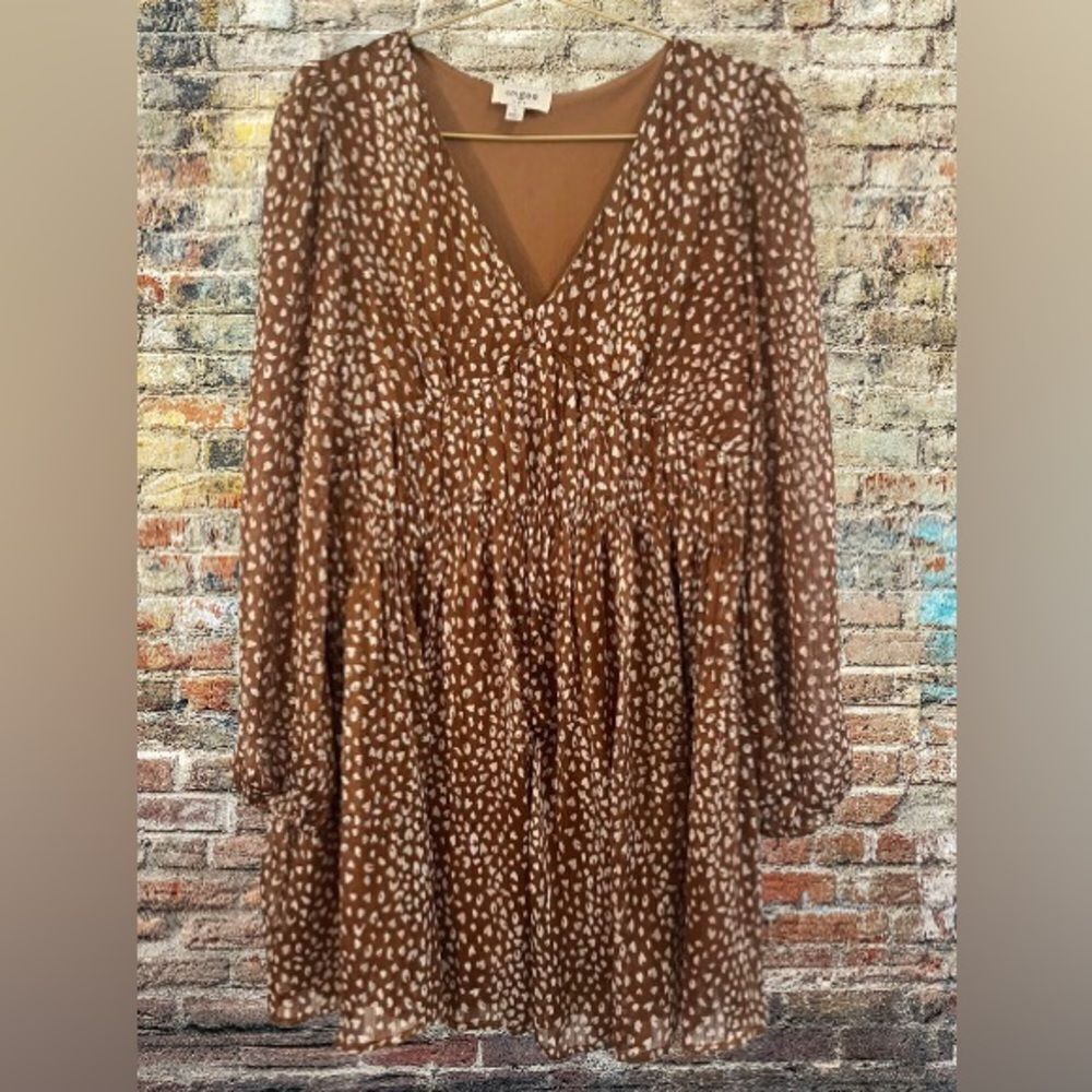 Umgee Brown and White V-Neck Bishop Sleeve Sundress